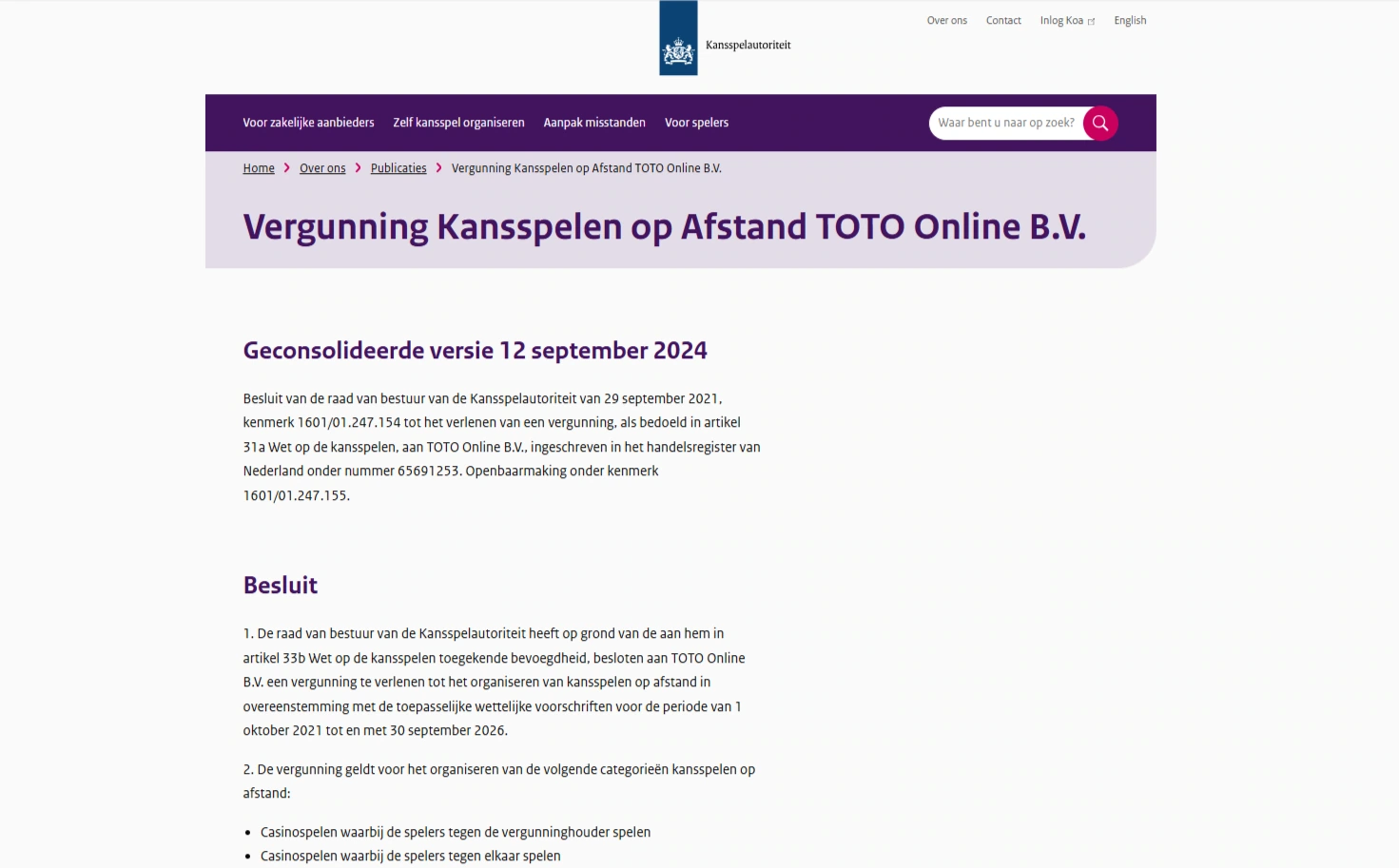 KSA-vergunningspagina voor TOTO Online B.V. waaronder Winnitt wordt aangeboden