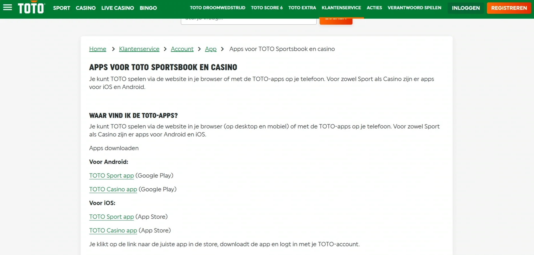 Officiële TOTO Casino app-vermelding die voor Winnitt wordt gebruikt