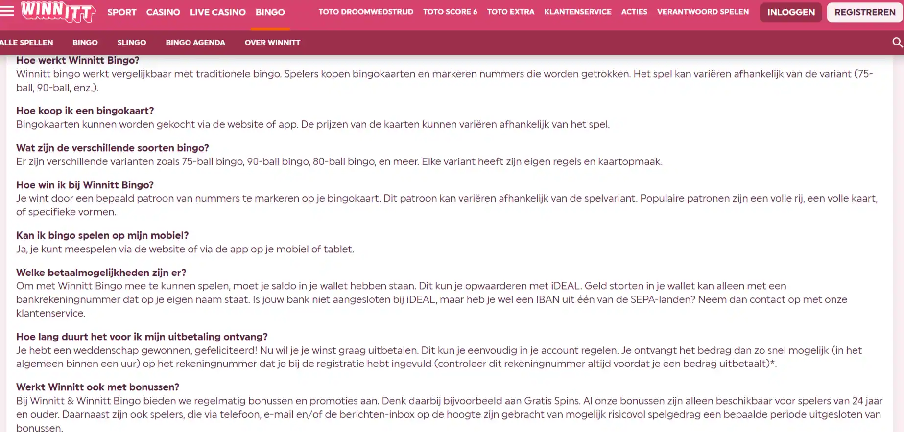 Officiële Winnitt FAQ met informatie over iDEAL en uitbetalingen