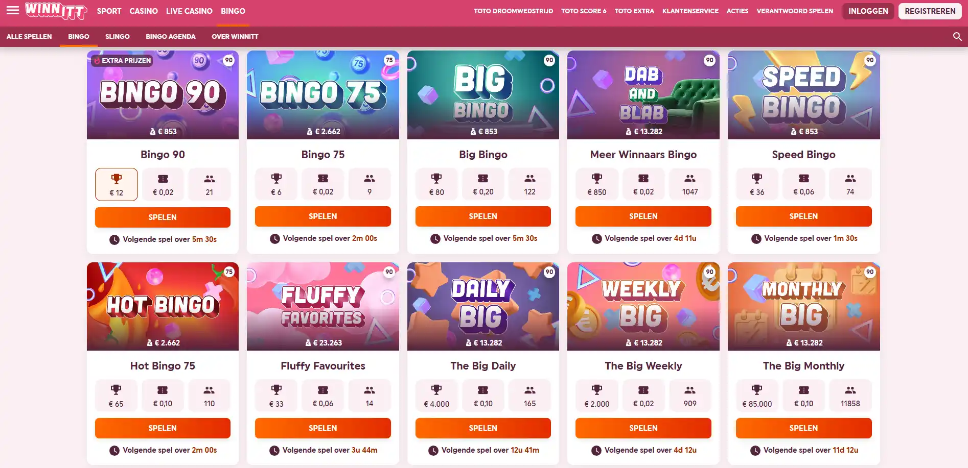 Actuele officiele Winnitt Bingo-pagina met Bingo-kamers