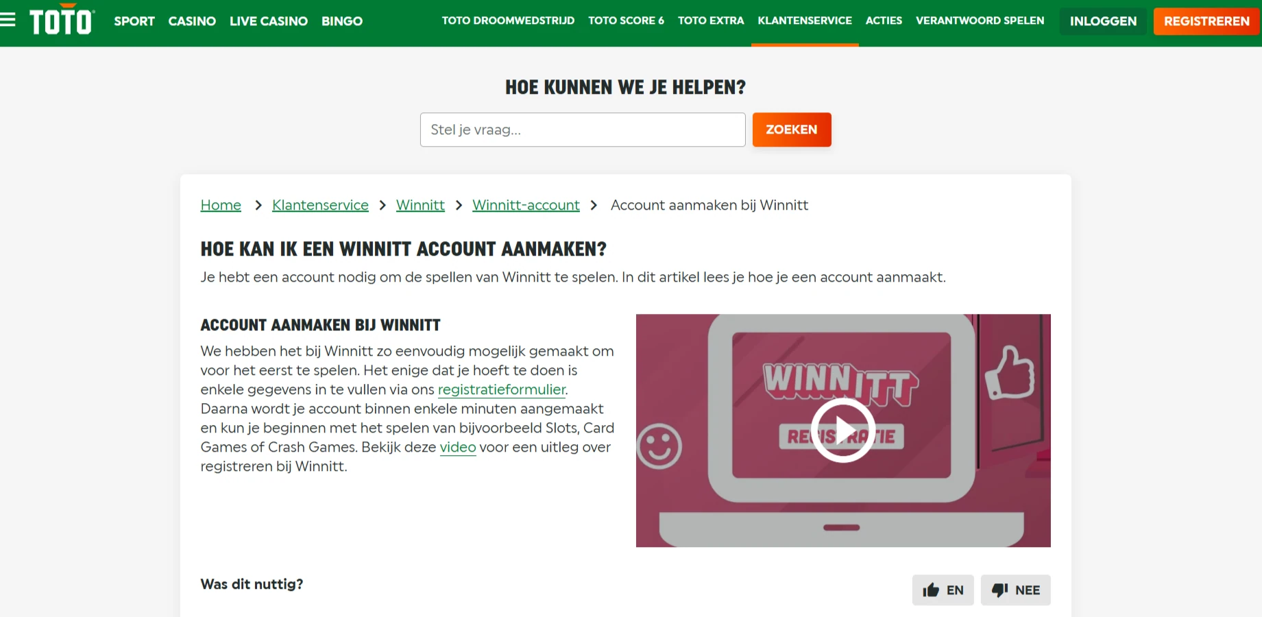 Officiële TOTO-pagina met uitleg over een account registreren voor de gedeelde Winnitt en TOTO omgeving