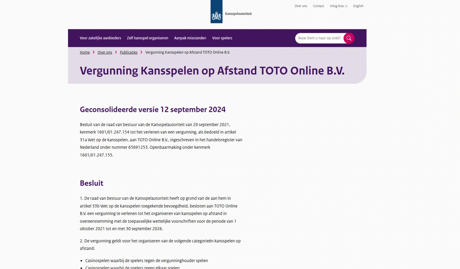 Ksa-vergunningspagina voor TOTO Online B.V.